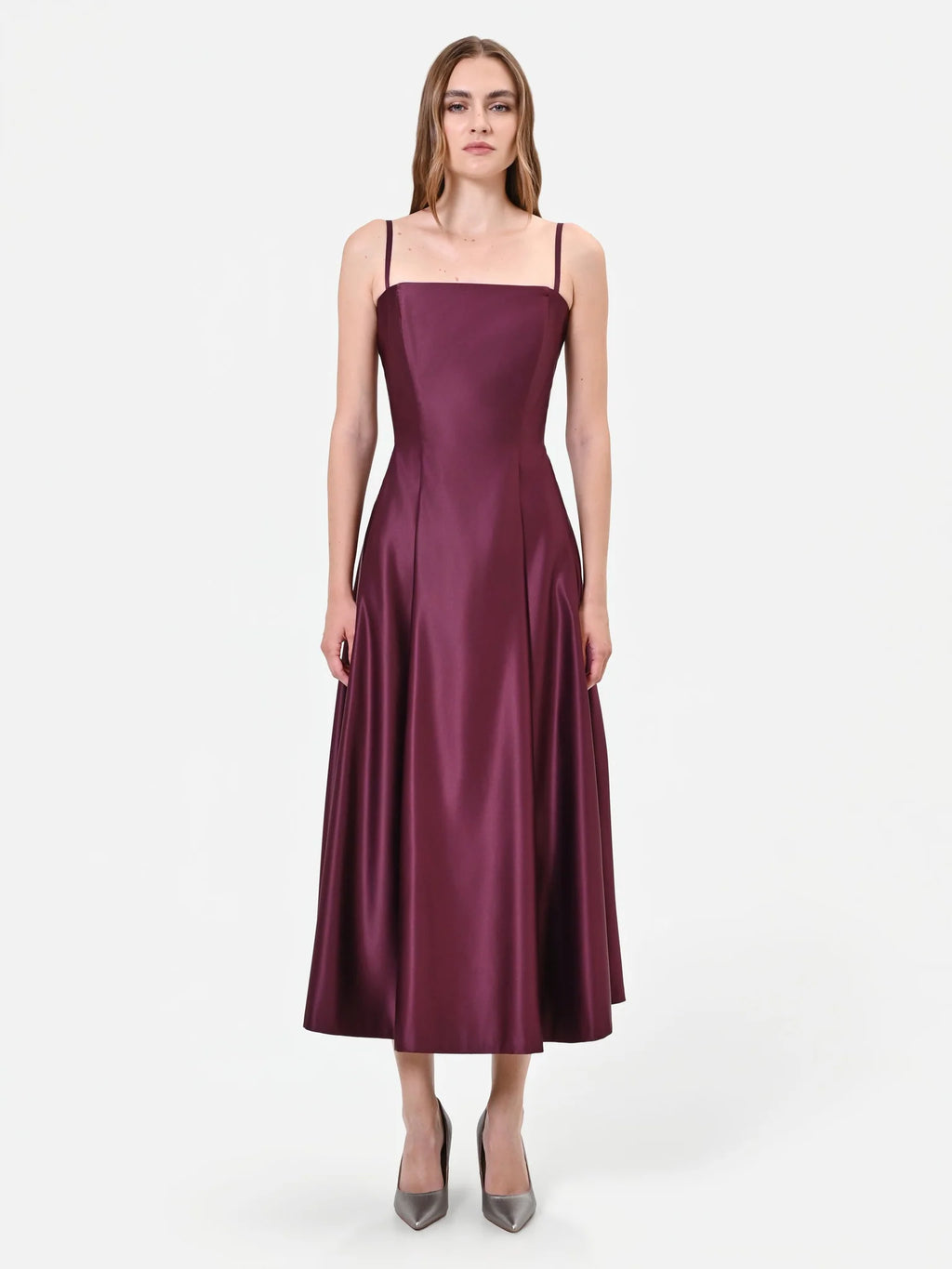 BURGUNDY SATIN A-LINE MIDI DRESS