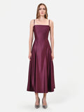 BURGUNDY SATIN A-LINE MIDI DRESS
