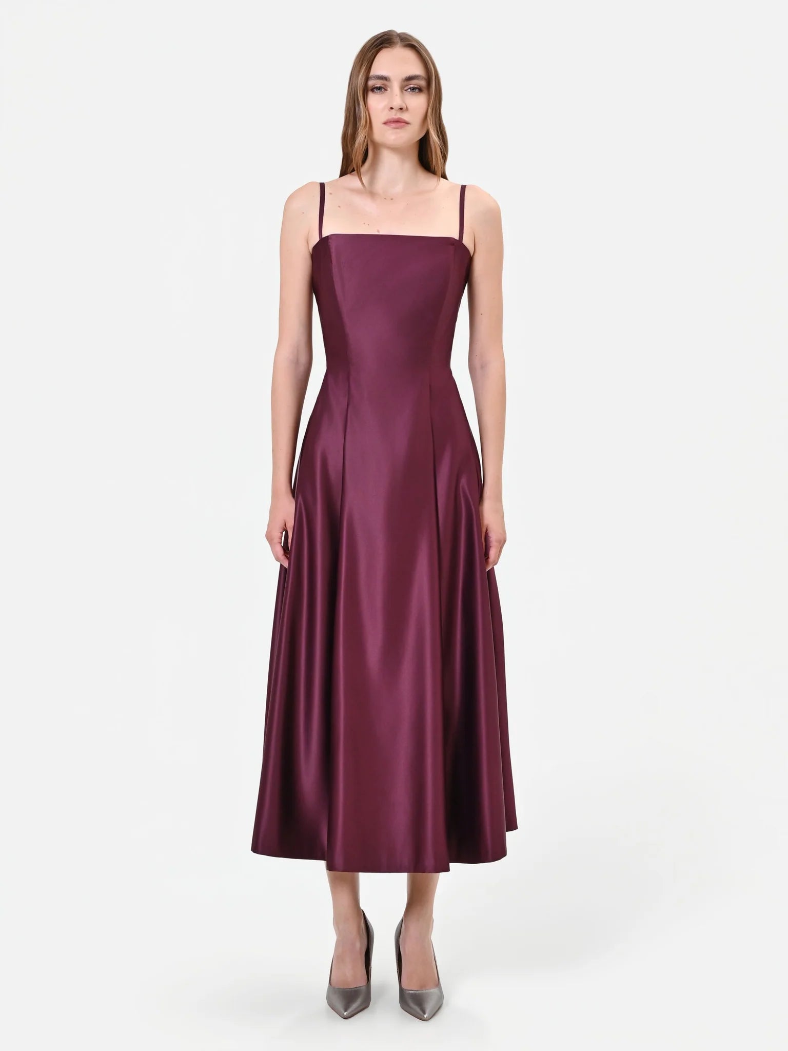 BURGUNDY SATIN A-LINE MIDI DRESS