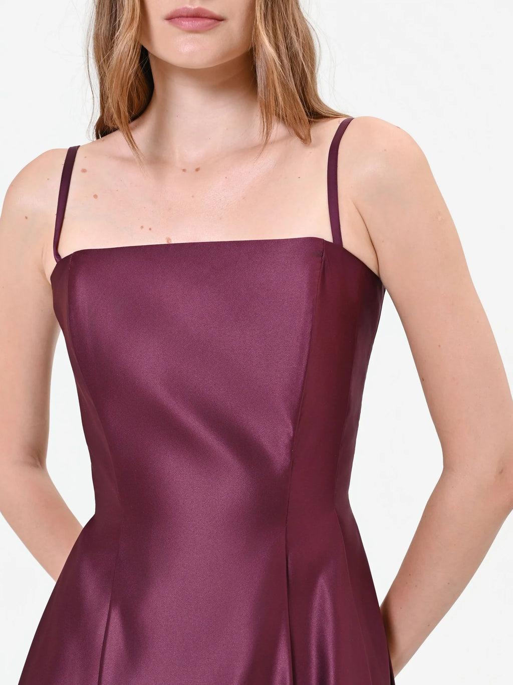 BURGUNDY SATIN A-LINE MIDI DRESS