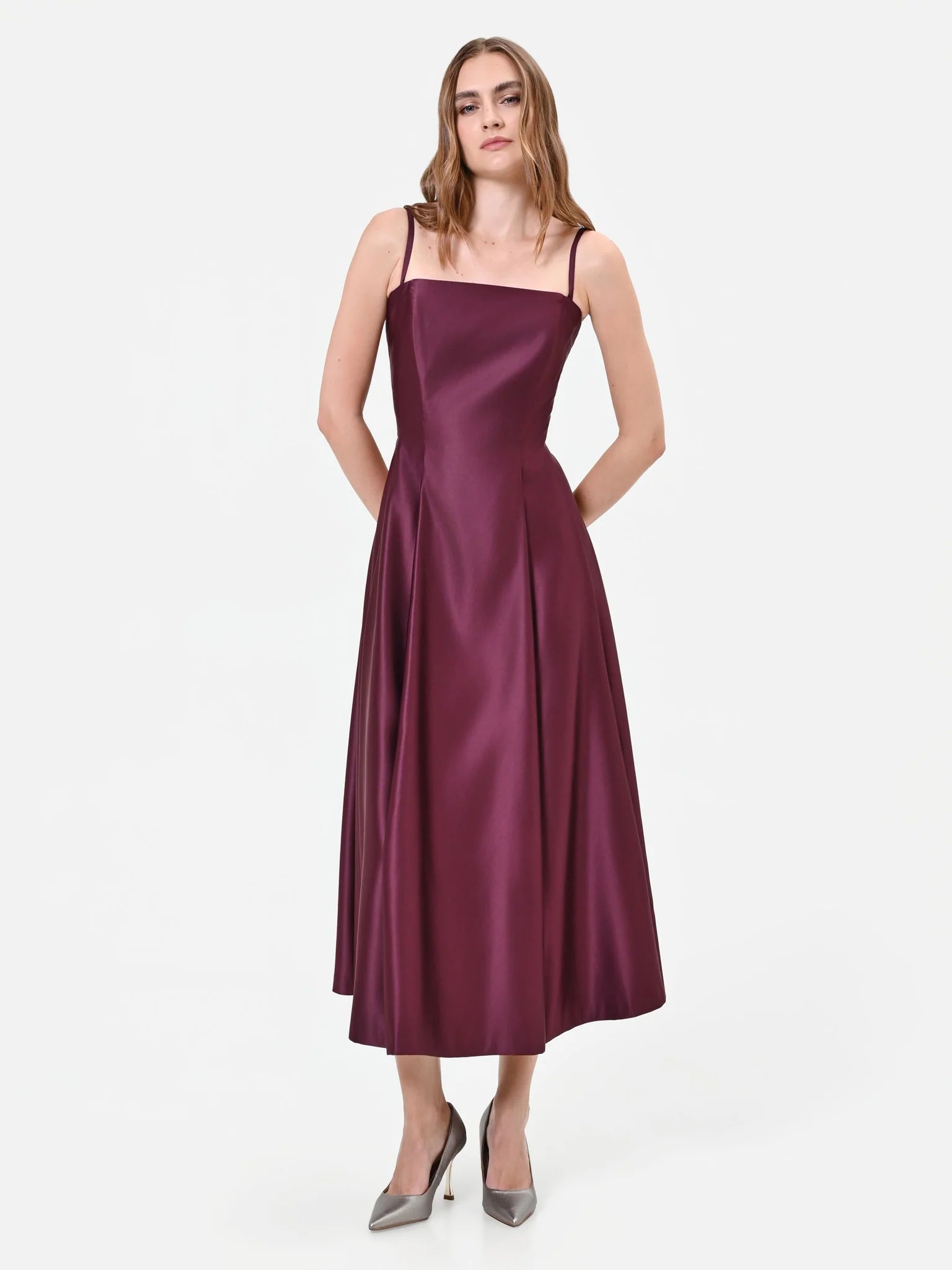 BURGUNDY SATIN A-LINE MIDI DRESS