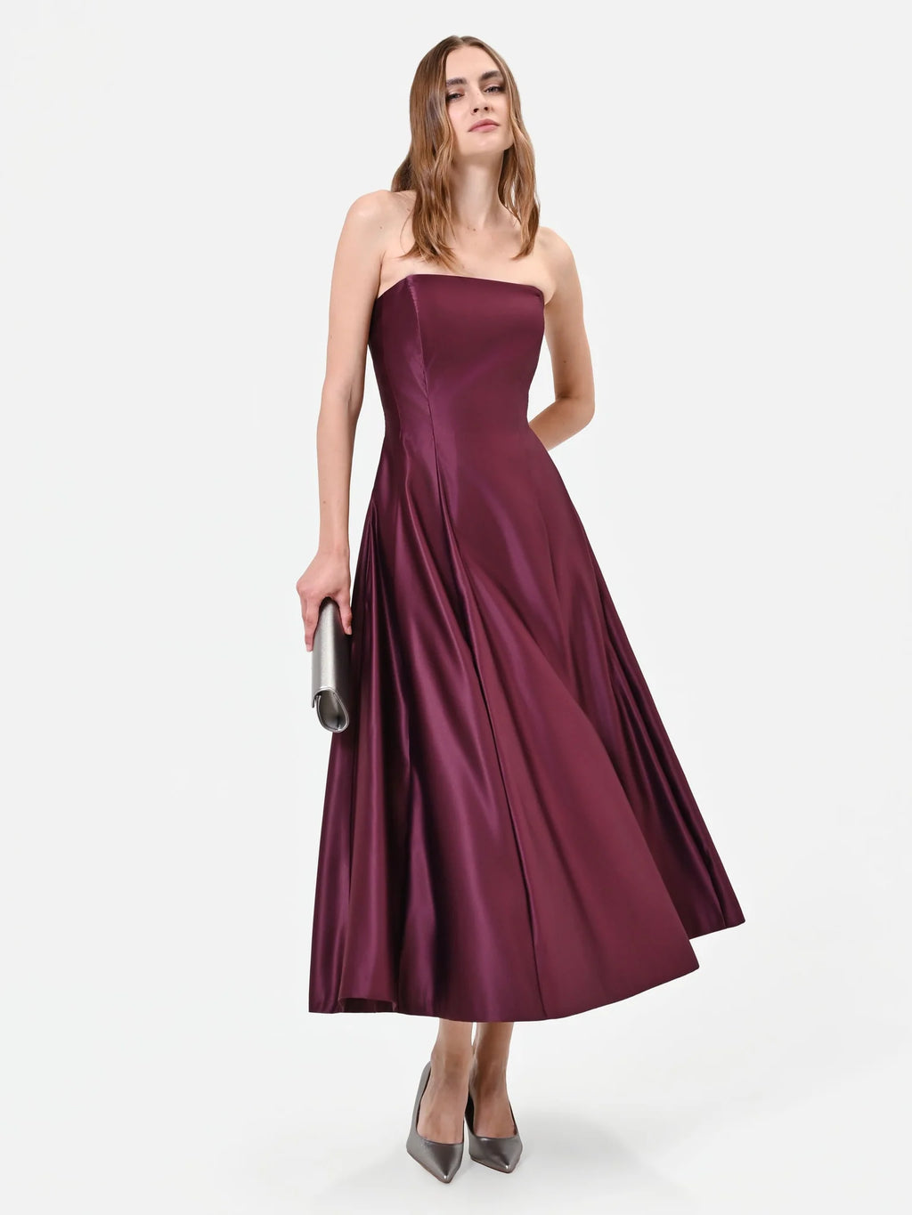 BURGUNDY SATIN A-LINE MIDI DRESS