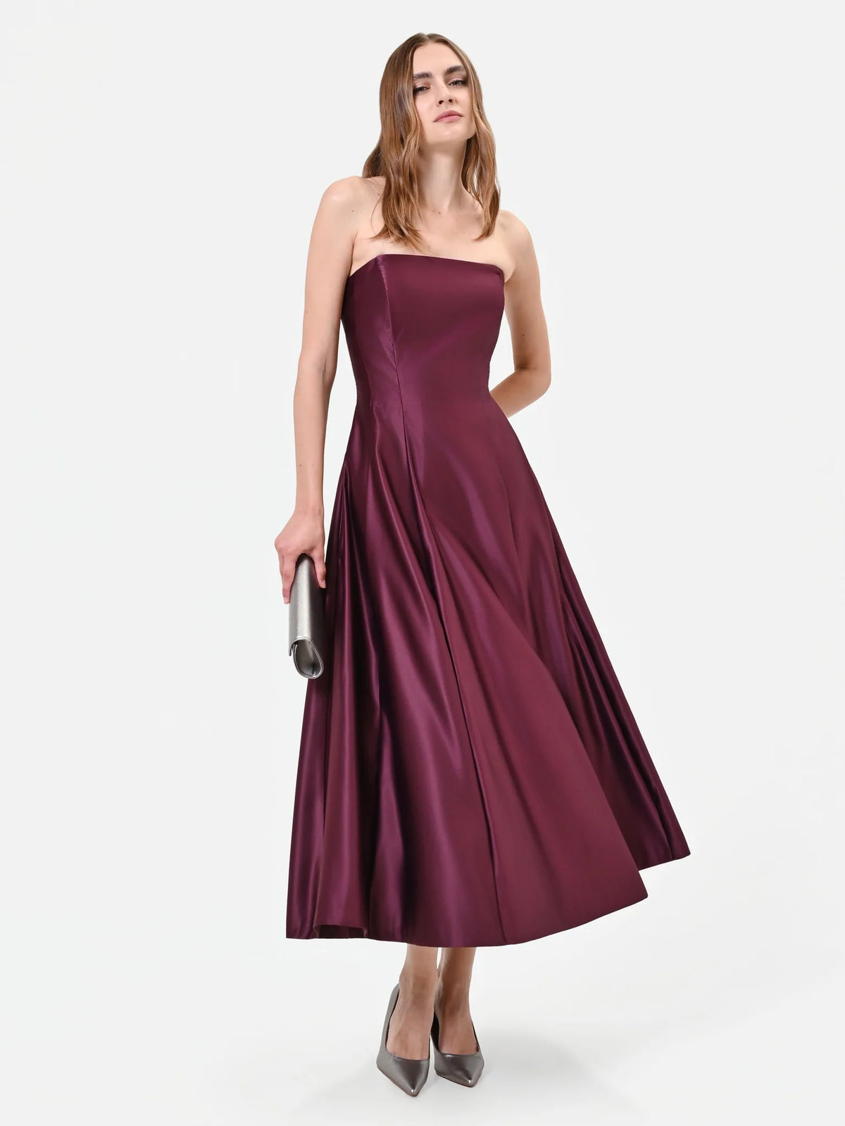 BURGUNDY SATIN A-LINE MIDI DRESS