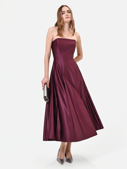 BURGUNDY SATIN A-LINE MIDI DRESS