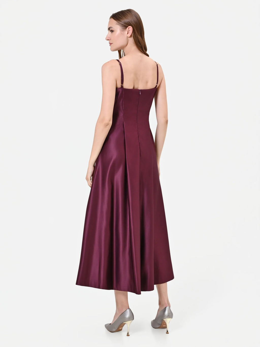 BURGUNDY SATIN A-LINE MIDI DRESS