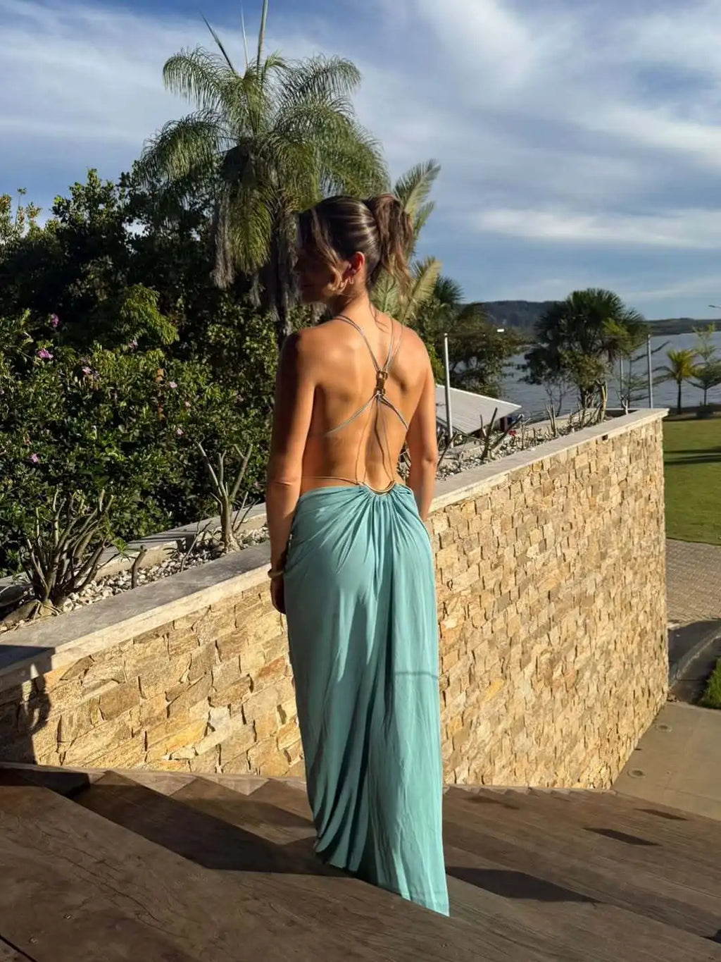 Women Halter Long Dress Deep V Neck Cutout Backless Evening Party Dress Metal Ring Twist Waist Bodycon Club Night Out Dresses