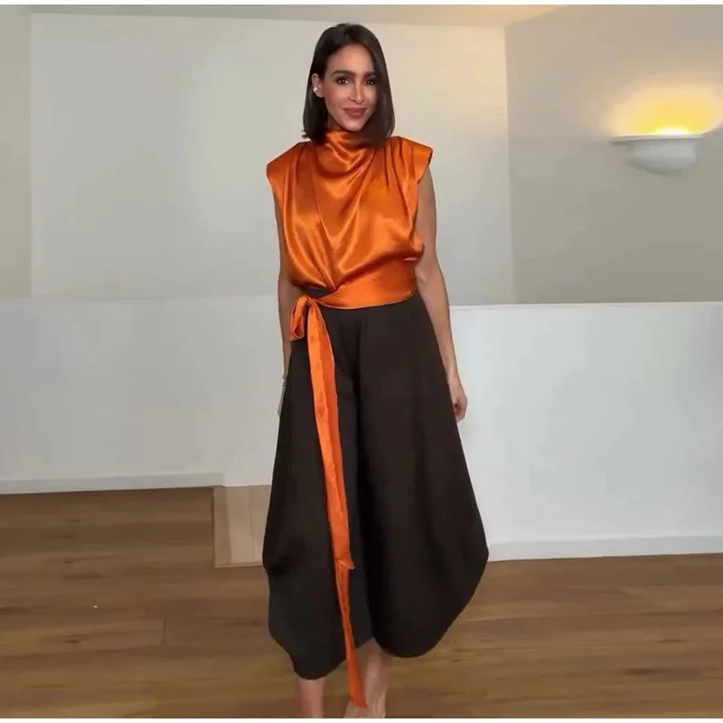 Women's Top 2026 Spring New Style Orange Sleeveless Satin Texture Long Ribbon Top Elegant and Stylish Unique Fashion Focus