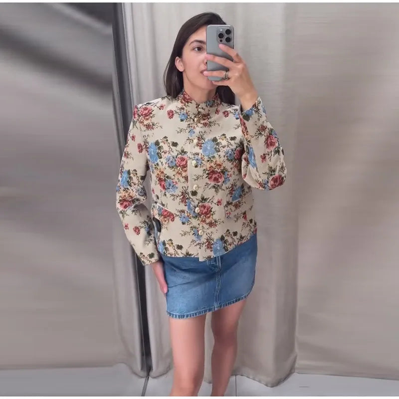 Women Cropped Floral Print Jacket Stand Collar Long Sleeve Button Front Pockets Vintage Loose Short Coat 2026 Autumn Chic Blazer