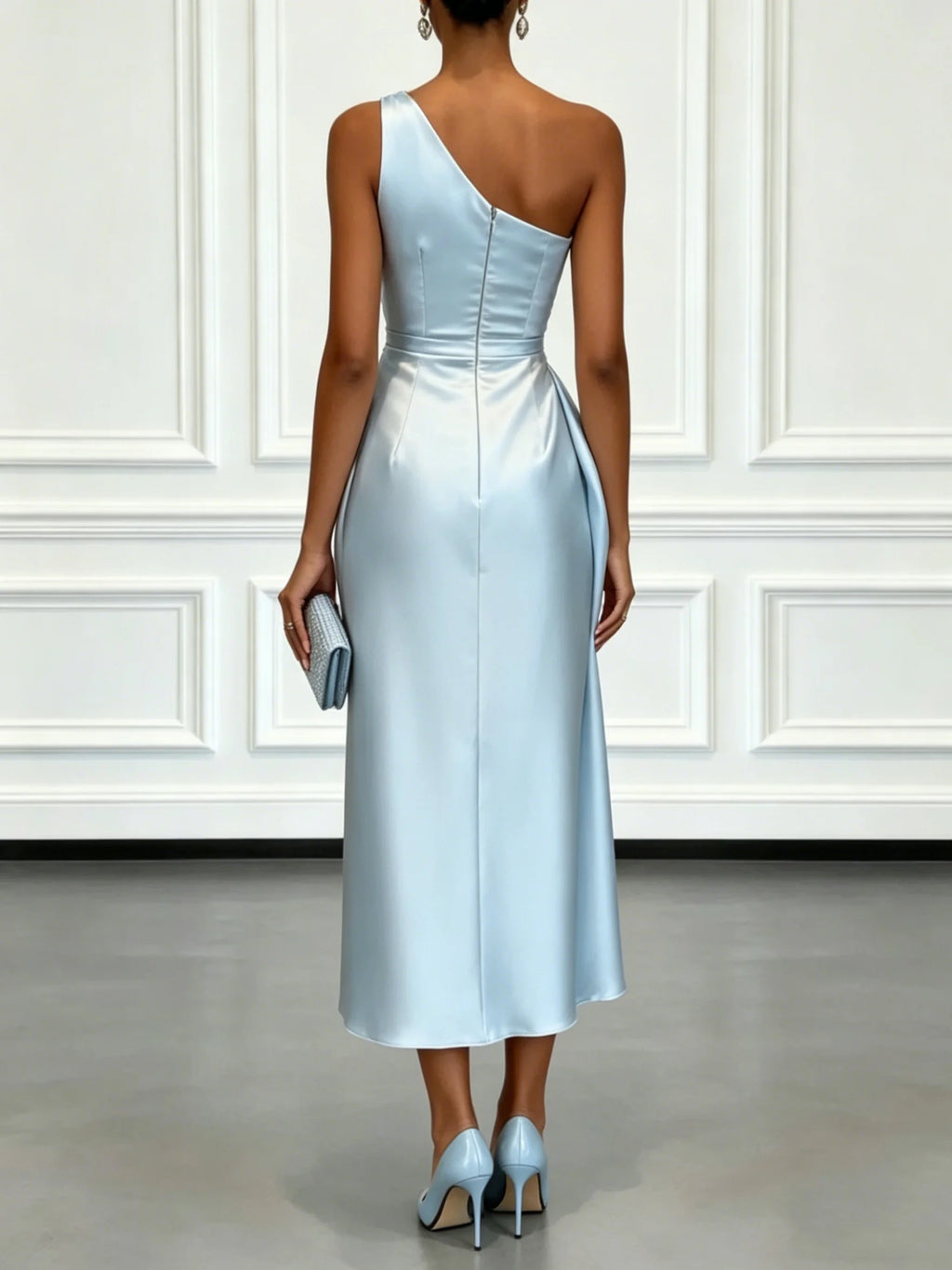 Elegant One Shoulder Satin Ruched Midi Dress for Formal Evening Cocktail Party