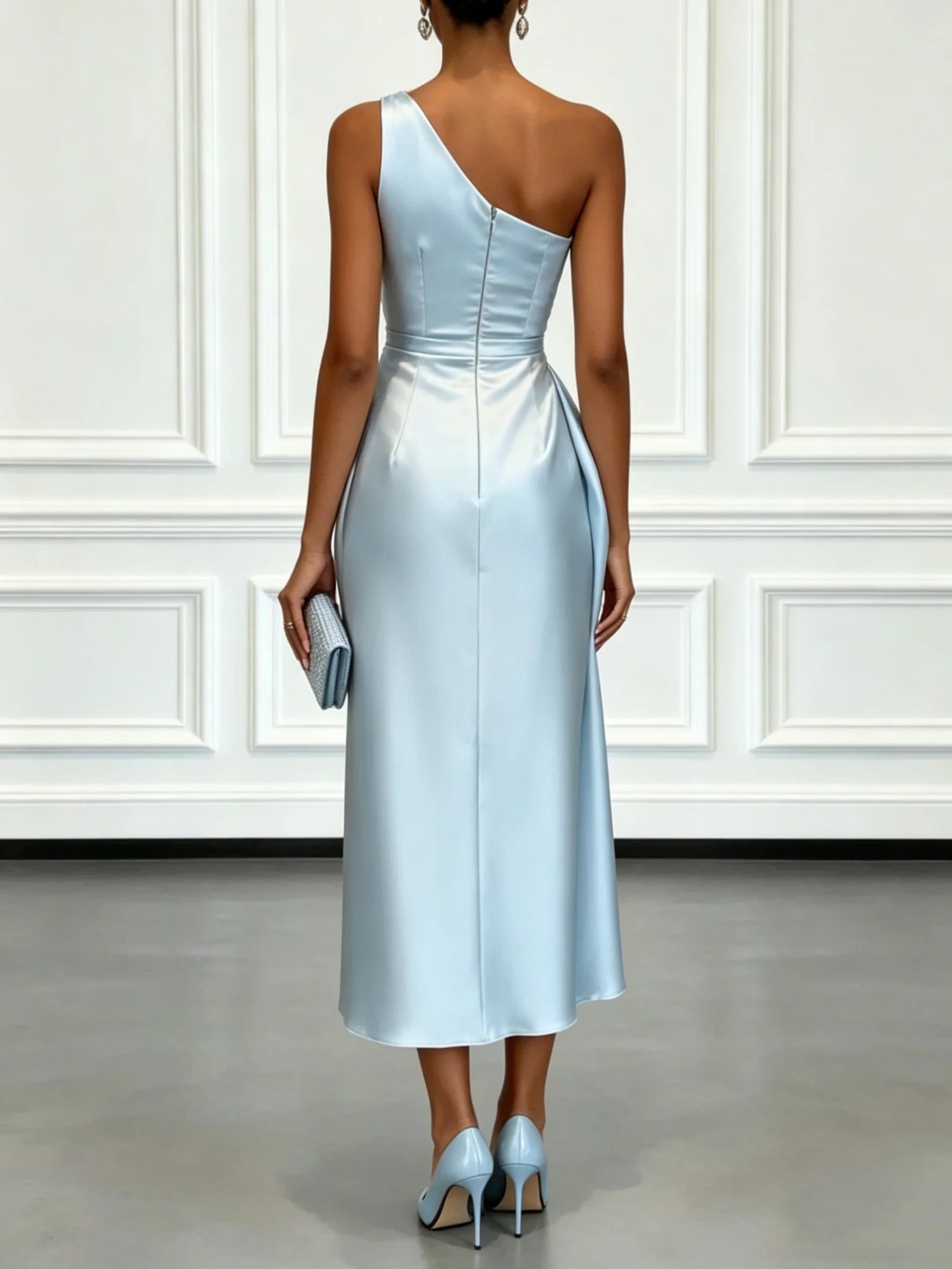 Elegant One Shoulder Satin Ruched Midi Dress for Formal Evening Cocktail Party