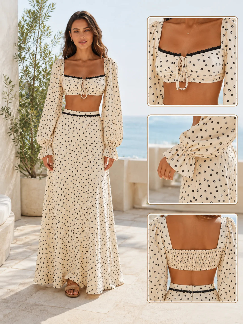 Women 2 Piece Boho Matching Sets, Integrated Puff Long Sleeve Cutout Back Tie‑Front Crop Top & High Waist Flowy Polka Dot Maxi Skirt, Summer Beach Vacation Co‑Ord Outfits