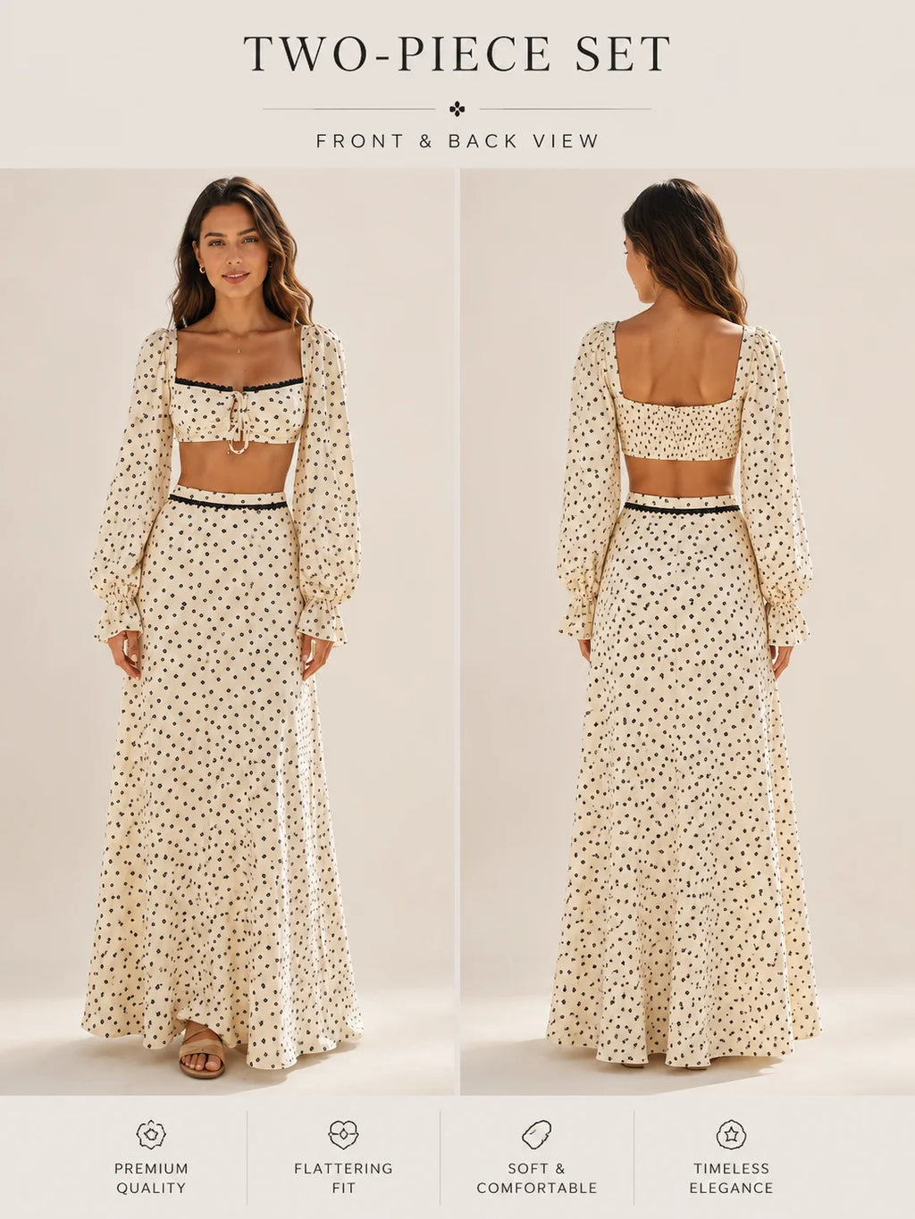 Women 2 Piece Boho Matching Sets, Integrated Puff Long Sleeve Cutout Back Tie‑Front Crop Top & High Waist Flowy Polka Dot Maxi Skirt, Summer Beach Vacation Co‑Ord Outfits
