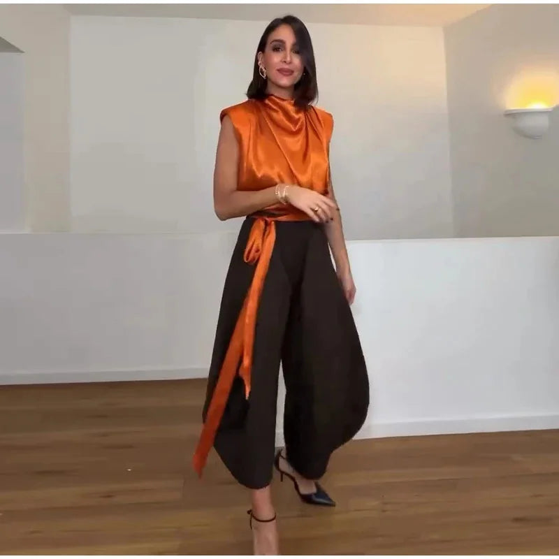 Women's Top 2026 Spring New Style Orange Sleeveless Satin Texture Long Ribbon Top Elegant and Stylish Unique Fashion Focus