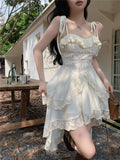 White Dresses For Women Fashion Sexy Sling Roe Femme 2025 Vestidos De Mujer Patchwork Lace Ruffles Irregular Sweet Dress