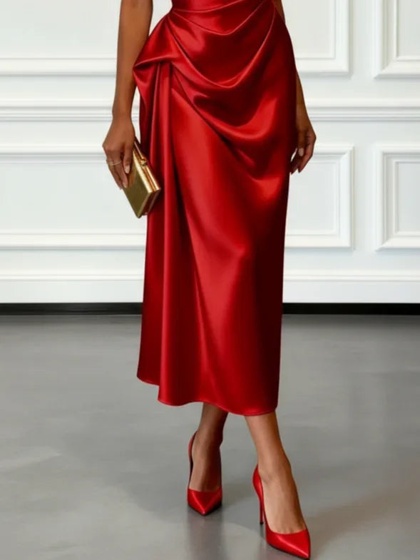 Elegant One Shoulder Satin Ruched Midi Dress for Formal Evening Cocktail Party
