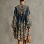 Printed Chiffon Puff-Sleeve Midi Dress