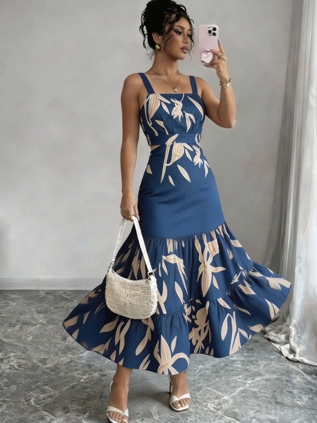 Printed Ruffle A-Line Midi Dress