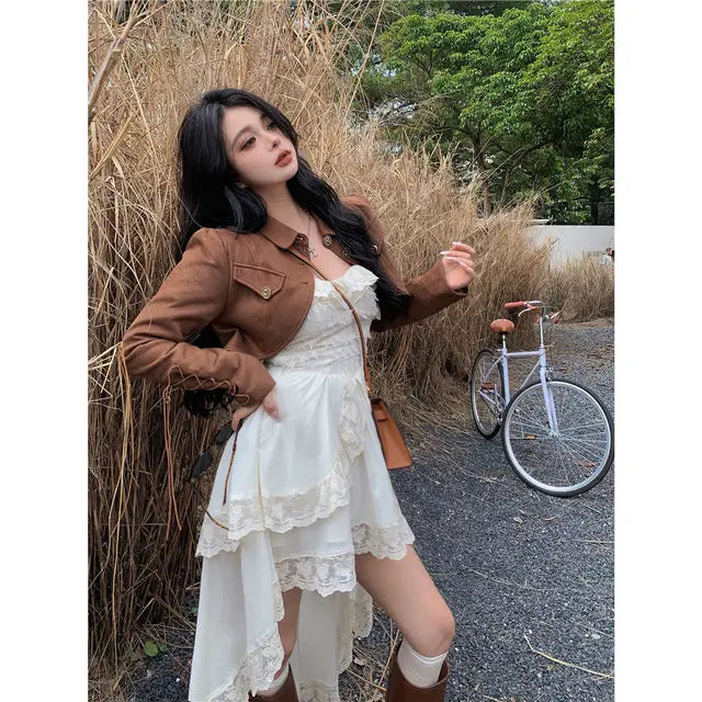 White Dresses For Women Fashion Sexy Sling Roe Femme 2025 Vestidos De Mujer Patchwork Lace Ruffles Irregular Sweet Dress