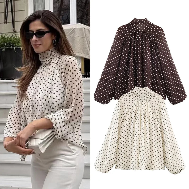 Polka Dot Tiered V-Neck Blouse