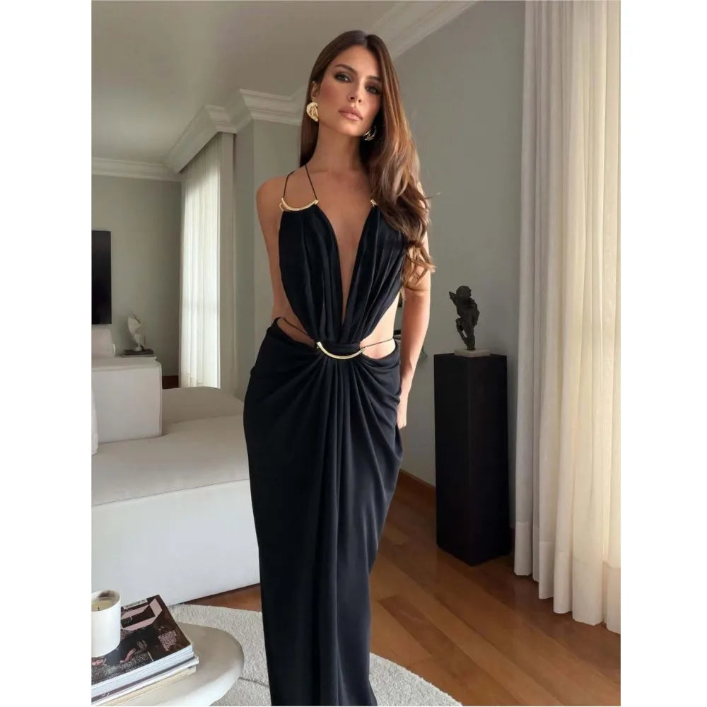 Women Halter Long Dress Deep V Neck Cutout Backless Evening Party Dress Metal Ring Twist Waist Bodycon Club Night Out Dresses