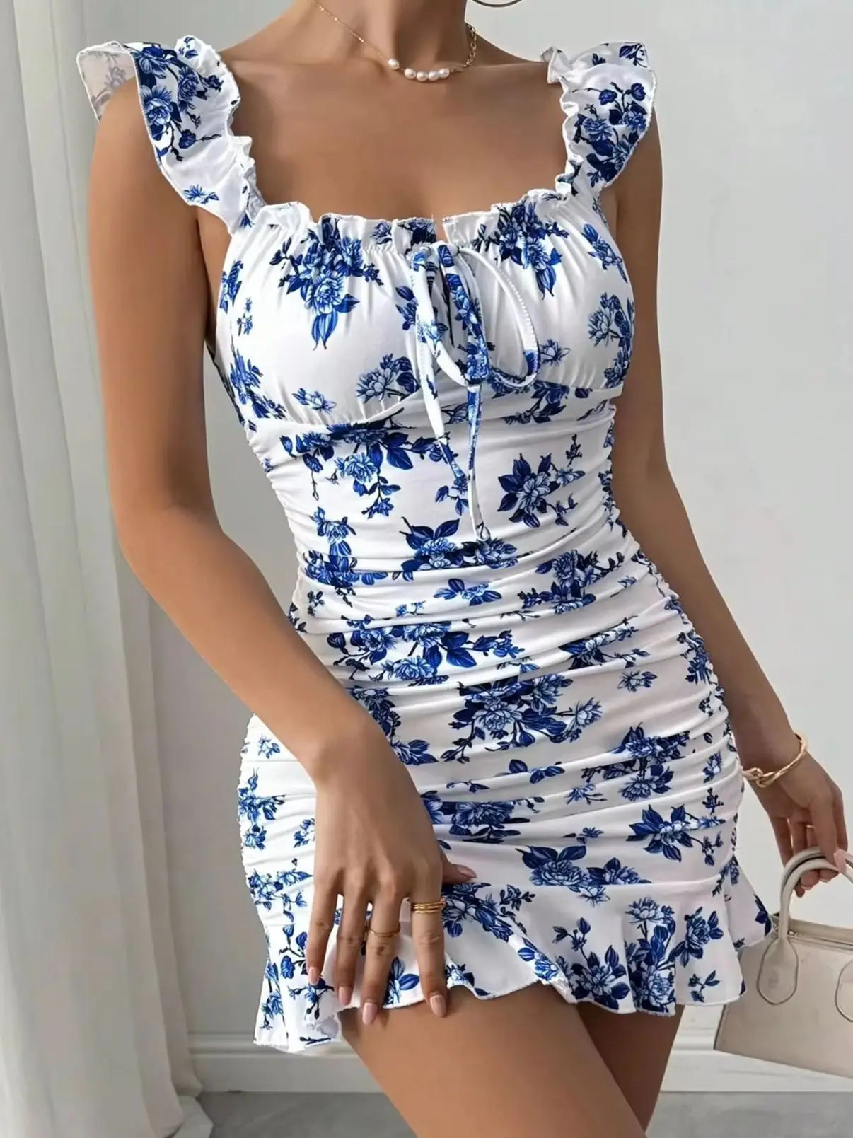 French-Style Retro Blue and White Dress
