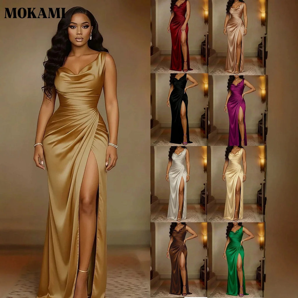 2026 Summer New Women Solid Color Bodycon Dress V Neck Sleeveless Split Hem Elegant Party Banquet Evening Formal Dress