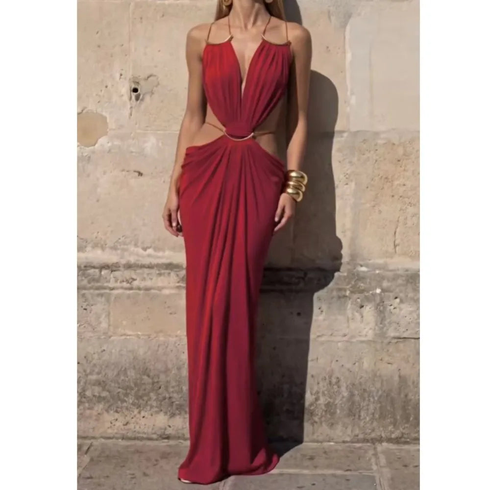 Women Halter Long Dress Deep V Neck Cutout Backless Evening Party Dress Metal Ring Twist Waist Bodycon Club Night Out Dresses