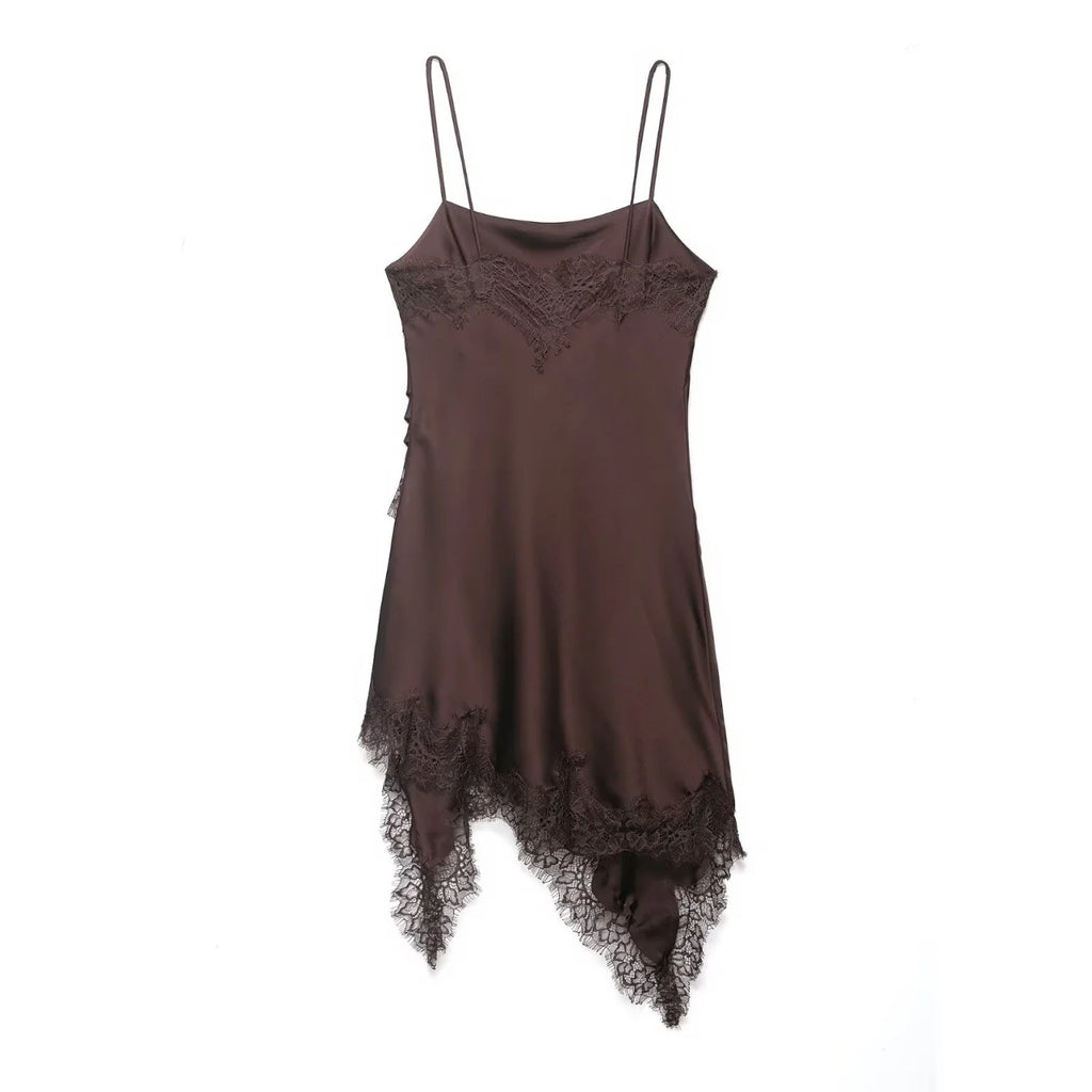 Women Lace Sling Strapless Dress Female Fashion Summer Asymmetric Satin Mini Dresses Chic Lady Evening Dress