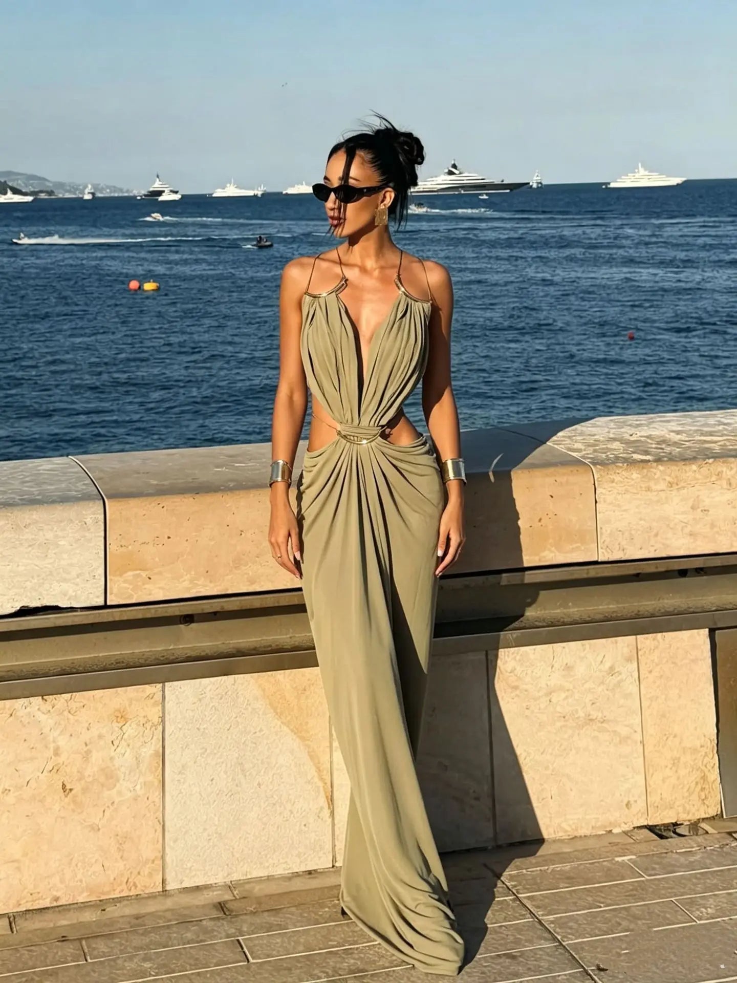 Women Halter Long Dress Deep V Neck Cutout Backless Evening Party Dress Metal Ring Twist Waist Bodycon Club Night Out Dresses