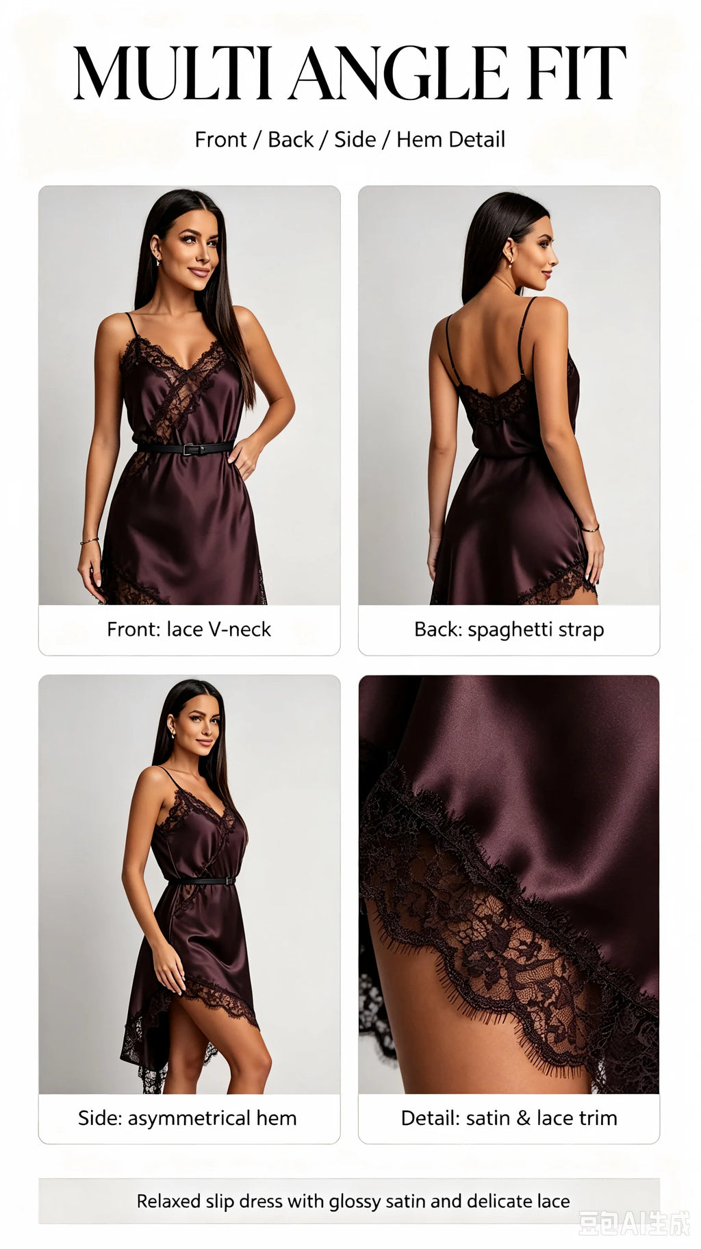 Women Dark Brown Satin Lace Slip Dress Spaghetti Strap V-Neck Asymmetrical Hem Elegant Party Cocktail Evening Dresses