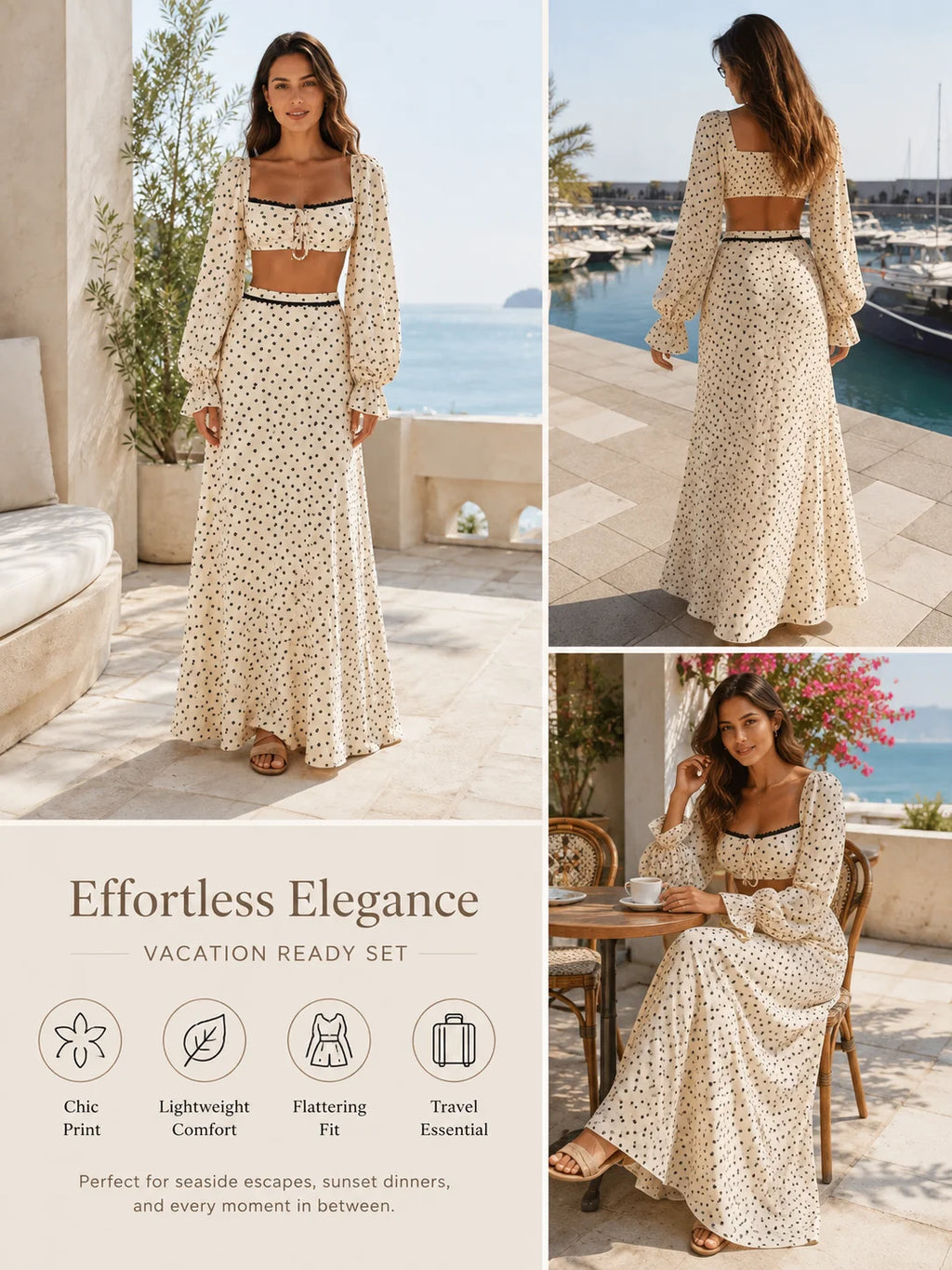 Women 2 Piece Boho Matching Sets, Integrated Puff Long Sleeve Cutout Back Tie‑Front Crop Top & High Waist Flowy Polka Dot Maxi Skirt, Summer Beach Vacation Co‑Ord Outfits