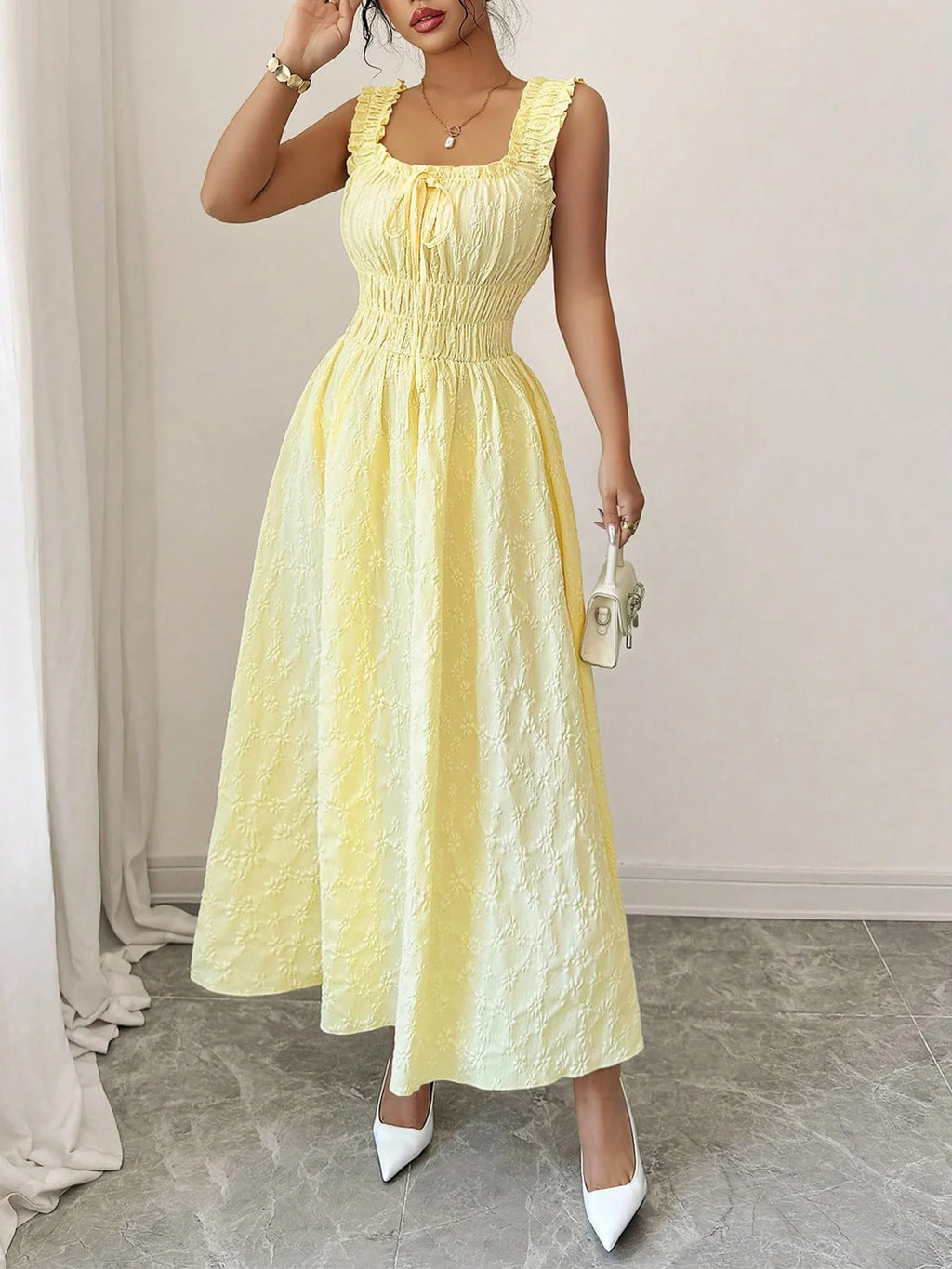 Square Neck Tie-Front Ruffle Maxi Dress