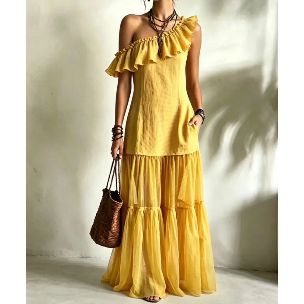 Diagonal Neck A-Line Maxi Dress