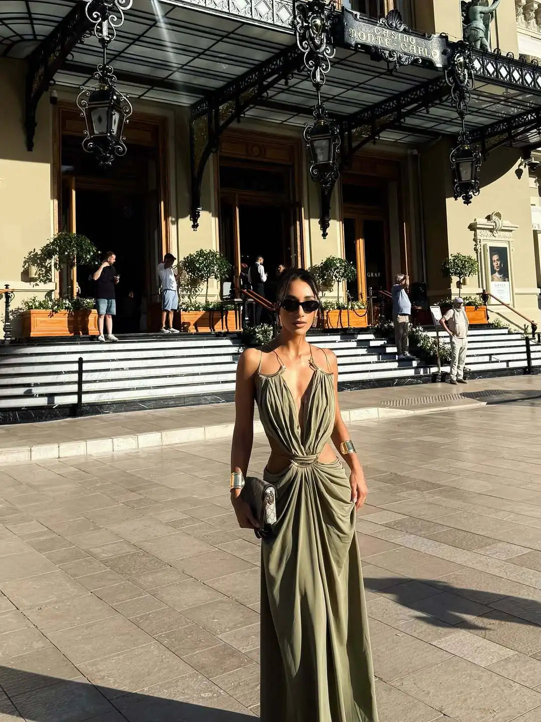 Women Halter Long Dress Deep V Neck Cutout Backless Evening Party Dress Metal Ring Twist Waist Bodycon Club Night Out Dresses