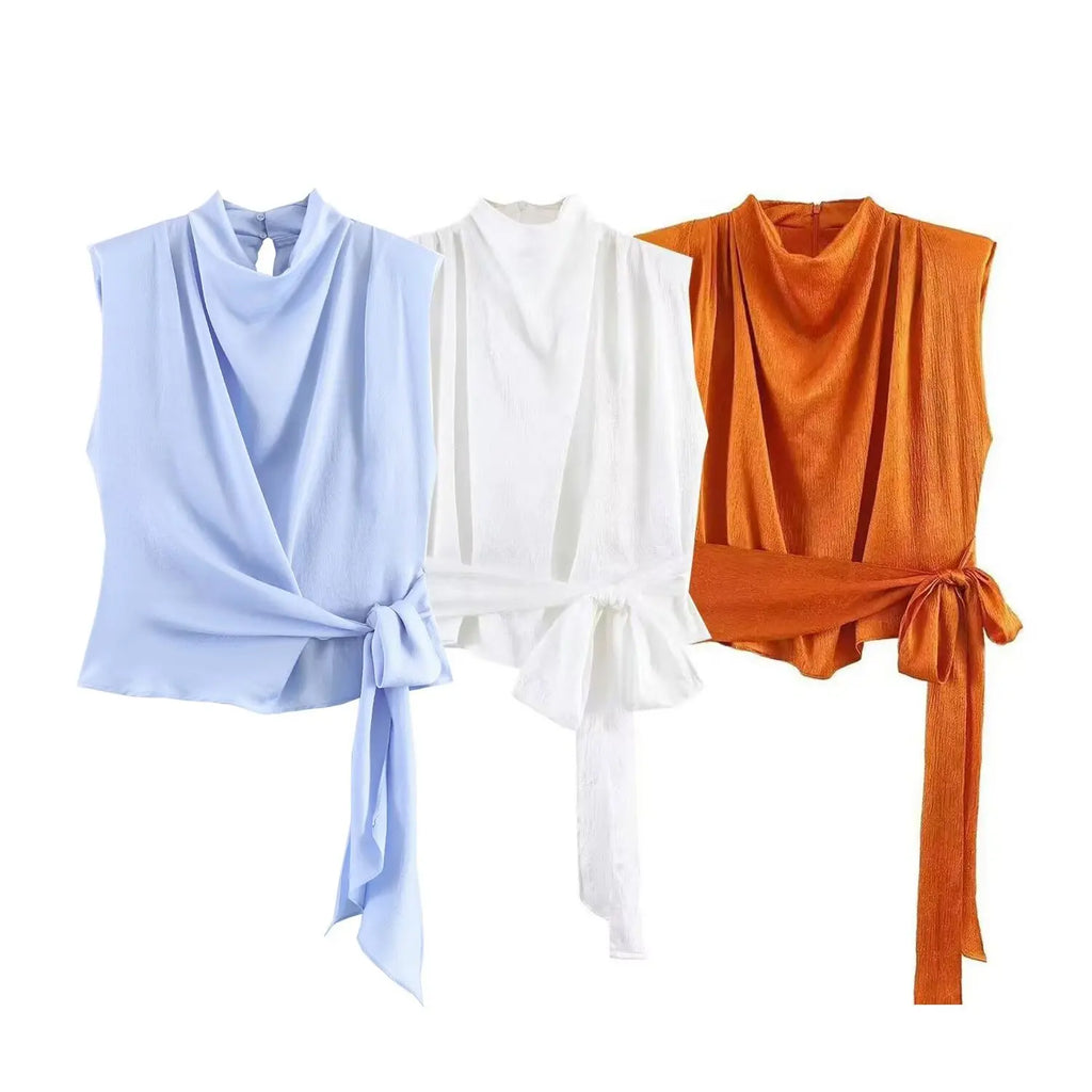 Women's Top 2026 Spring New Style Orange Sleeveless Satin Texture Long Ribbon Top Elegant and Stylish Unique Fashion Focus