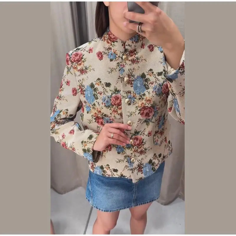 Women Cropped Floral Print Jacket Stand Collar Long Sleeve Button Front Pockets Vintage Loose Short Coat 2026 Autumn Chic Blazer