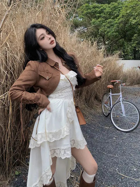 White Dresses For Women Fashion Sexy Sling Roe Femme 2025 Vestidos De Mujer Patchwork Lace Ruffles Irregular Sweet Dress