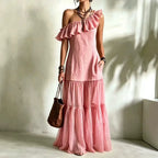 Diagonal Neck A-Line Maxi Dress
