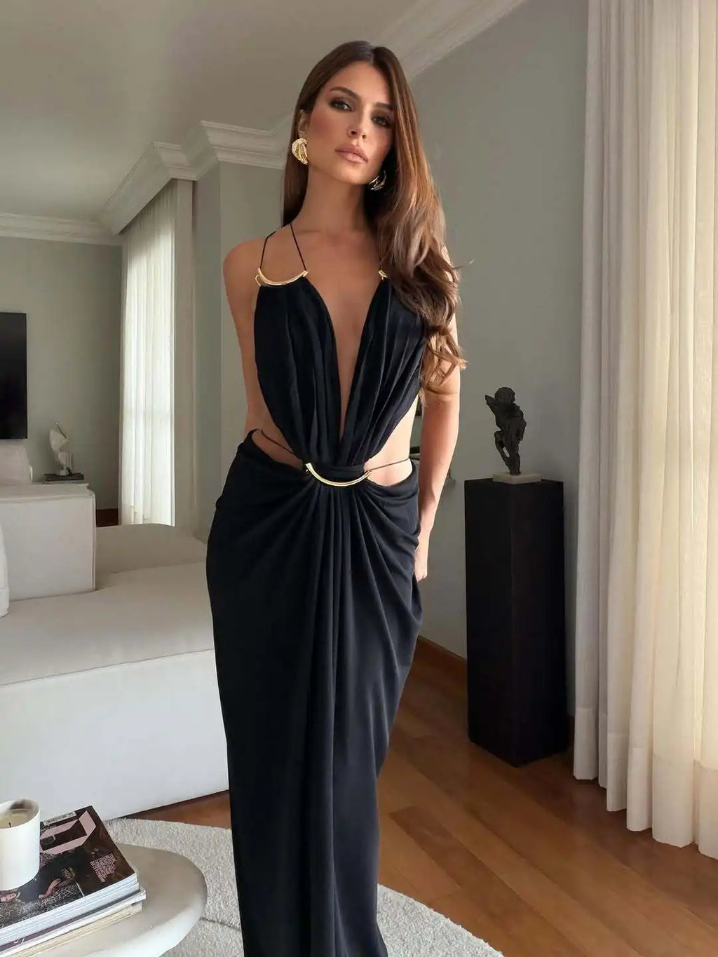 Women Halter Long Dress Deep V Neck Cutout Backless Evening Party Dress Metal Ring Twist Waist Bodycon Club Night Out Dresses