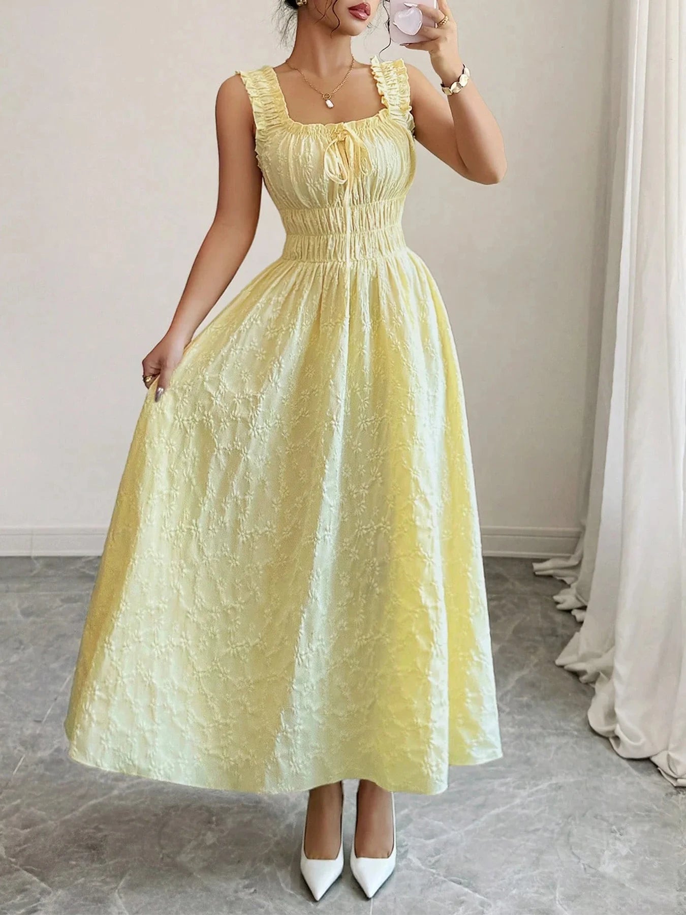 Square Neck Tie-Front Ruffle Maxi Dress