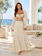 Elettra Ferri boho polka dot two-piece dress set with flowing skirt and crop top, casual and stylish for summer wear.