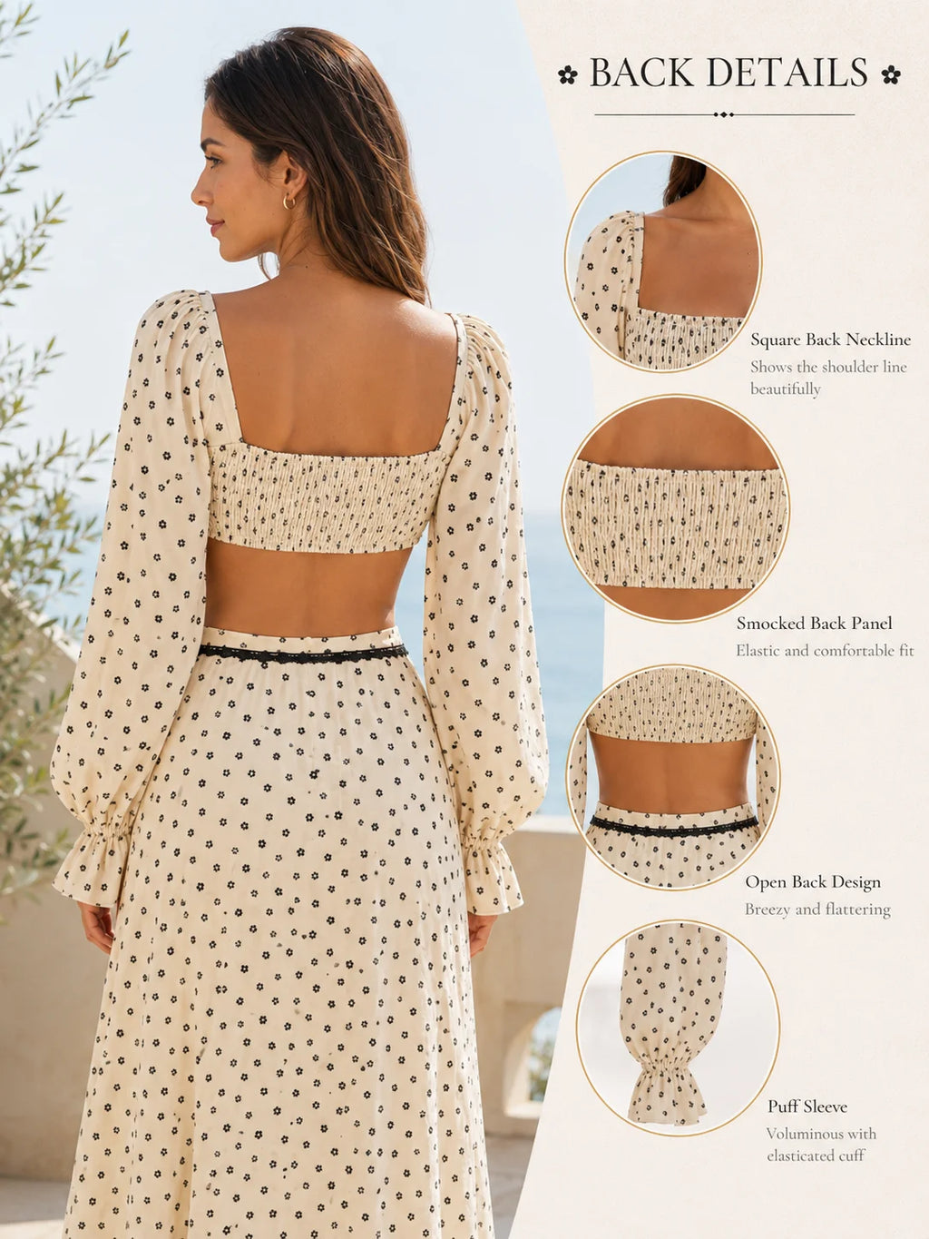 Women 2 Piece Boho Matching Sets, Integrated Puff Long Sleeve Cutout Back Tie‑Front Crop Top & High Waist Flowy Polka Dot Maxi Skirt, Summer Beach Vacation Co‑Ord Outfits