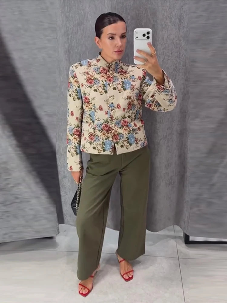 Women Cropped Floral Print Jacket Stand Collar Long Sleeve Button Front Pockets Vintage Loose Short Coat 2026 Autumn Chic Blazer