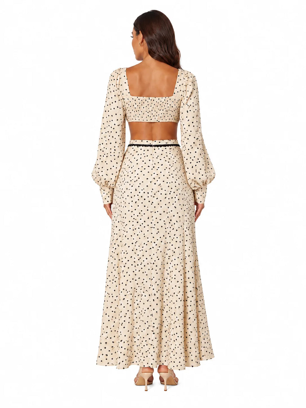Women 2 Piece Boho Matching Sets, Integrated Puff Long Sleeve Cutout Back Tie‑Front Crop Top & High Waist Flowy Polka Dot Maxi Skirt, Summer Beach Vacation Co‑Ord Outfits