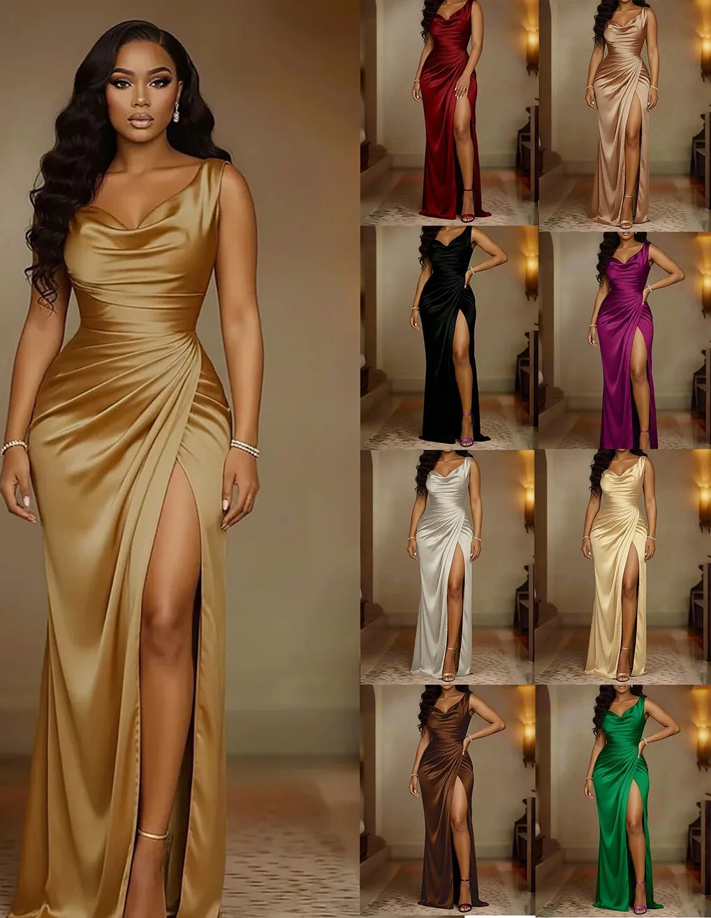 2026 Summer New Women Solid Color Bodycon Dress V Neck Sleeveless Split Hem Elegant Party Banquet Evening Formal Dress