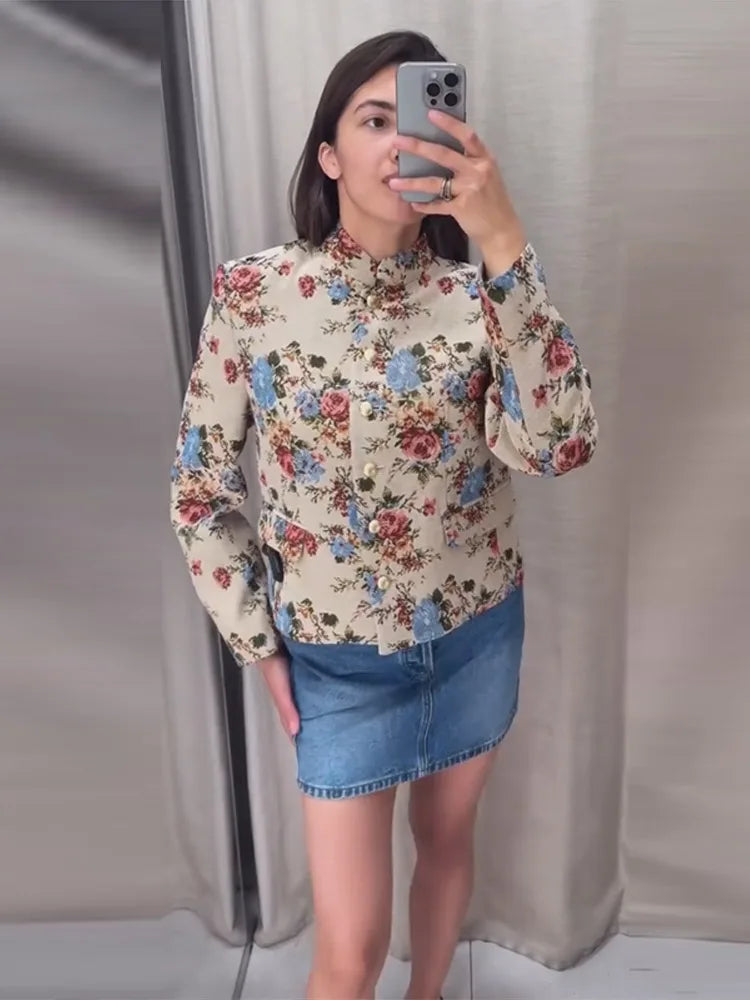 Women Cropped Floral Print Jacket Stand Collar Long Sleeve Button Front Pockets Vintage Loose Short Coat 2026 Autumn Chic Blazer