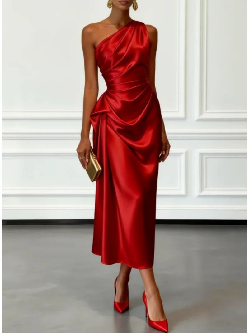 Elegant One Shoulder Satin Ruched Midi Dress for Formal Evening Cocktail Party