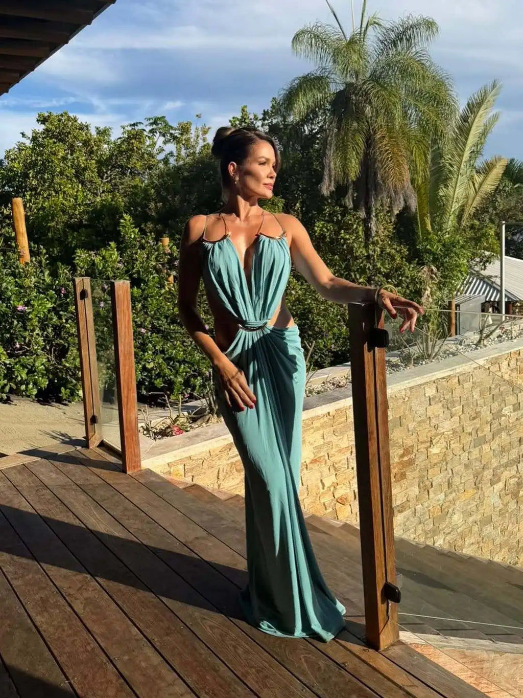 Women Halter Long Dress Deep V Neck Cutout Backless Evening Party Dress Metal Ring Twist Waist Bodycon Club Night Out Dresses