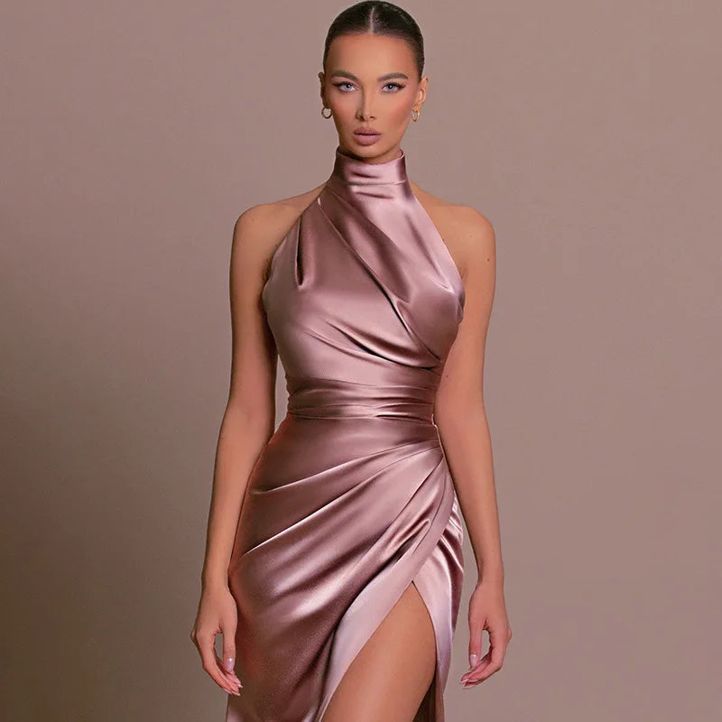 Turtleneck Shirred A-Line Maxi Dress