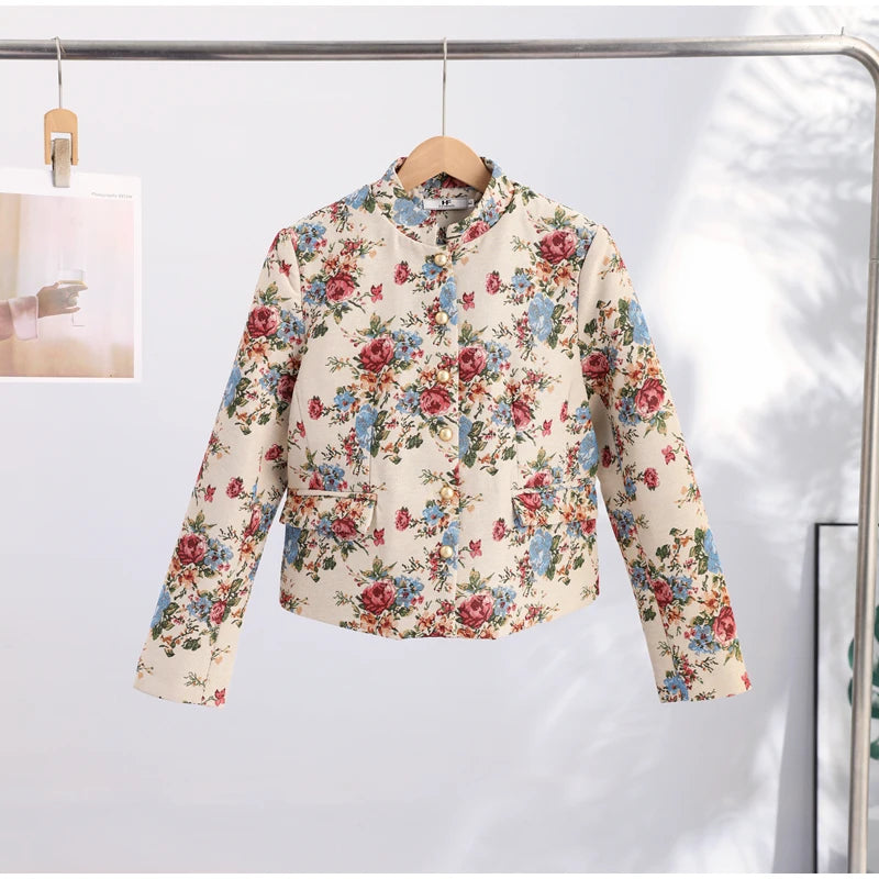 Women Cropped Floral Print Jacket Stand Collar Long Sleeve Button Front Pockets Vintage Loose Short Coat 2026 Autumn Chic Blazer
